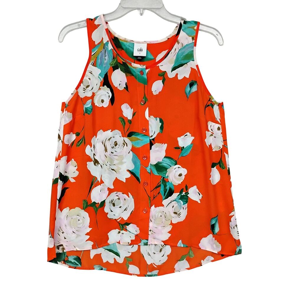 Cabi Casual Top Small Floral Orange White and Green Print Sleeveless Button Down - Picture 2 of 8